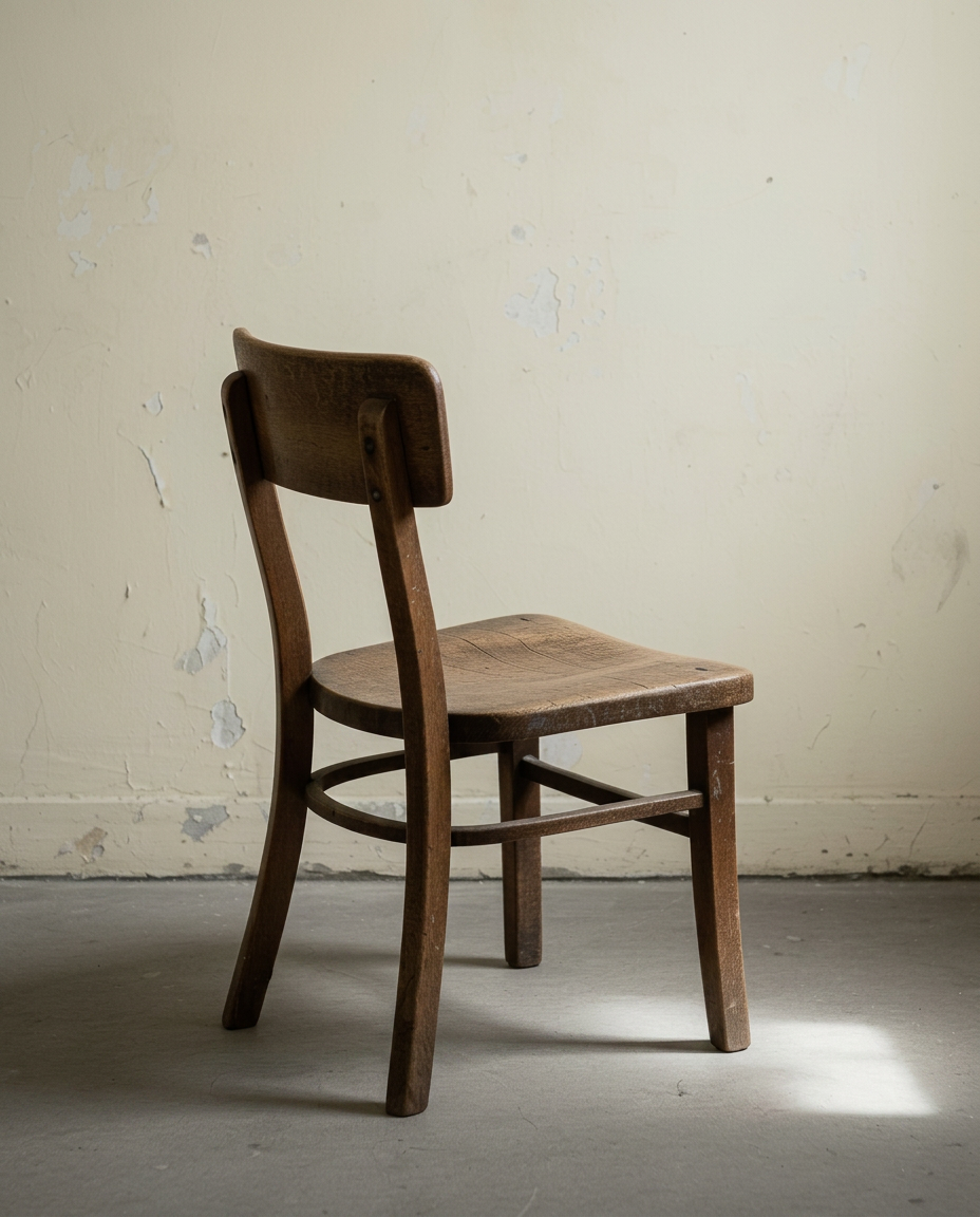 A 1940s institutional schoolhouse chair, alone against a plain wall.